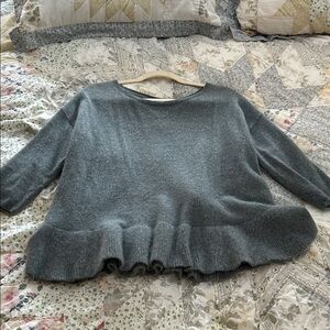 Garnet Hill Grey Ruffle-Hem Crewneck Sweater